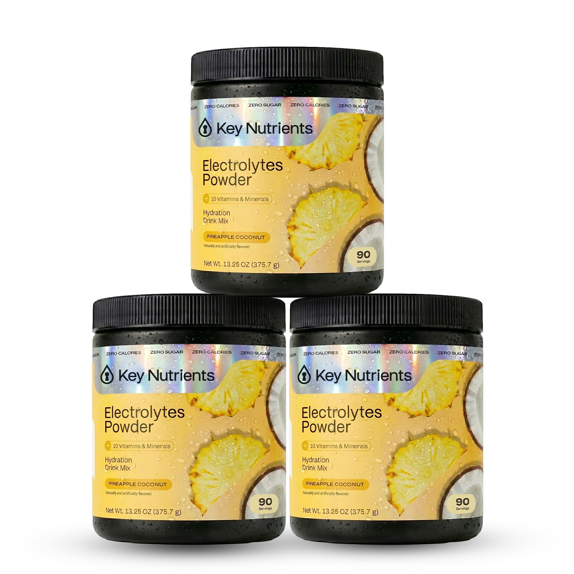 Key Nutrients Electrolyte Recovery Plus Powder in pineapple coconut flavor, sugar-free electrolyte mix with tropical fruit ingredients.