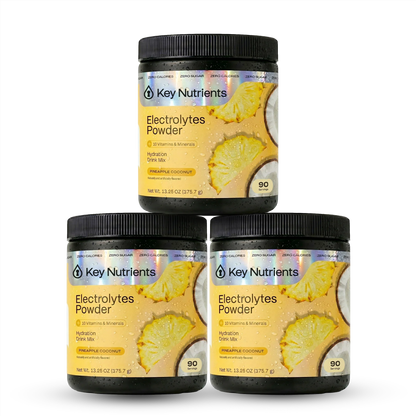 Key Nutrients Electrolyte Recovery Plus Powder in pineapple coconut flavor, sugar-free electrolyte mix with tropical fruit ingredients.