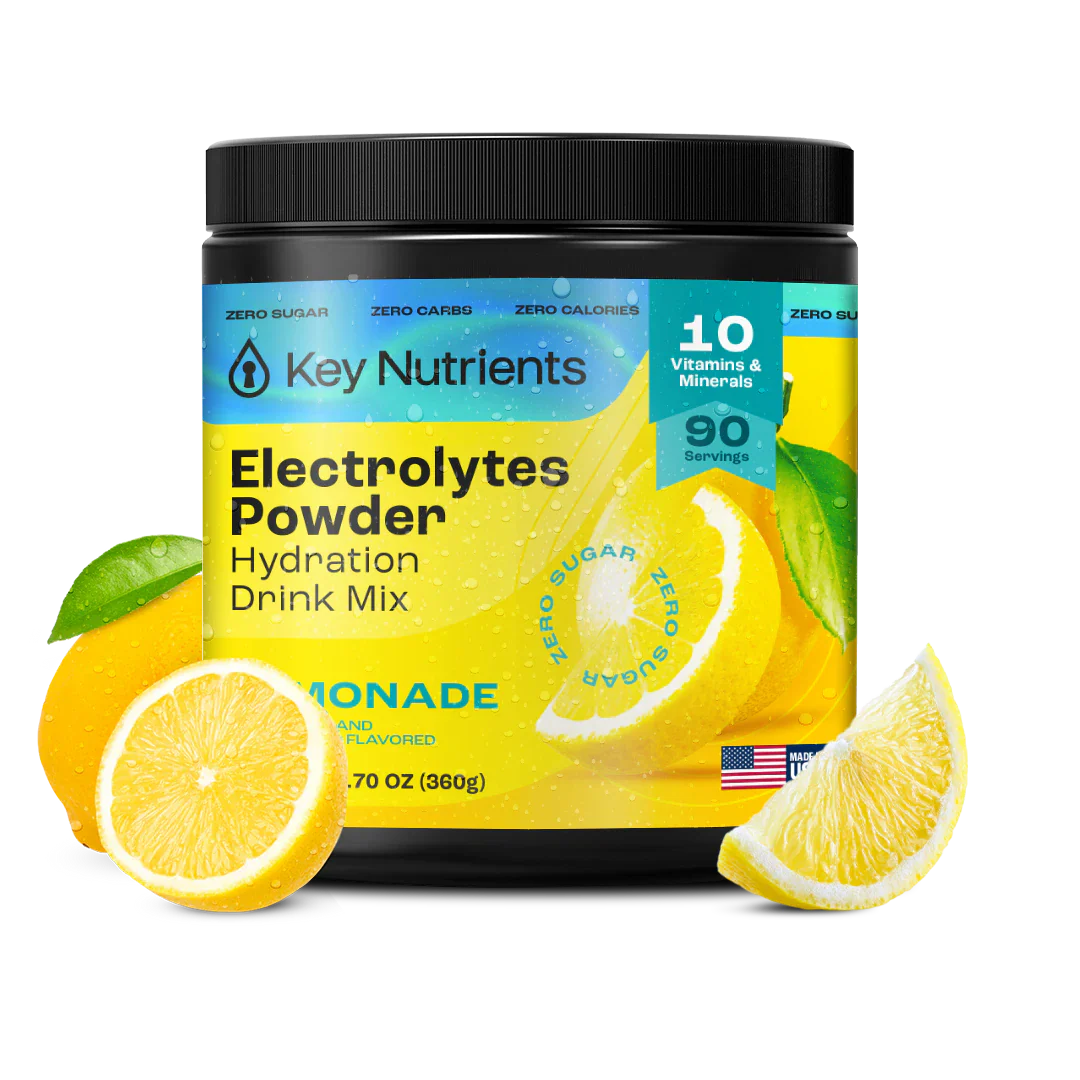 Key Nutrients electrolyte recovery plus powder in lemonade flavor, sugar-free electrolyte mix for hydration, 90 servings.