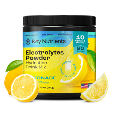 Key Nutrients Electrolyte Recovery Plus Powder in Lemonade flavor, sugar-free electrolyte drink mix with lemon and citrus visuals.
