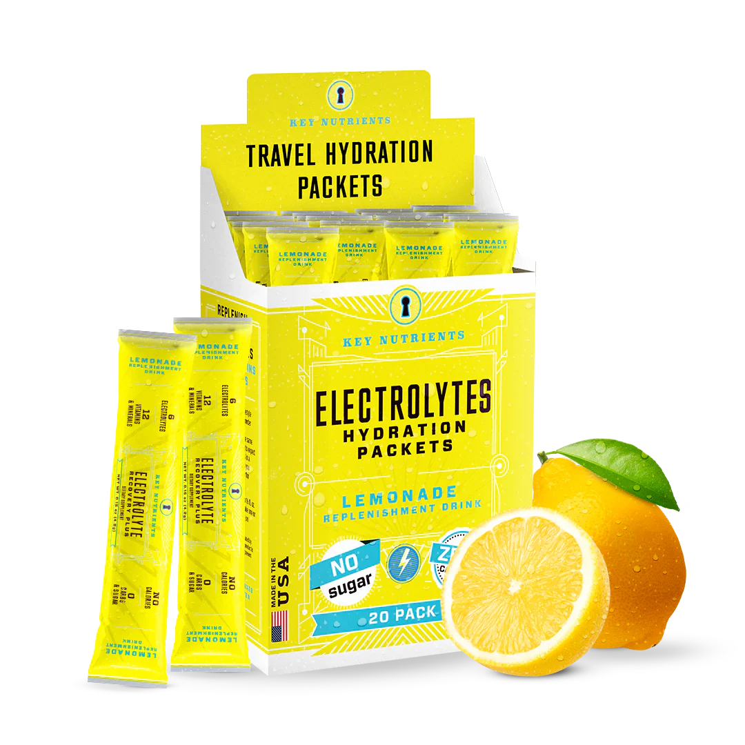 Packet of Key Nutrients Electrolyte Recovery Plus Powder in Lemonade flavor, sugar-free, 20-pack for hydration and electrolyte replenishment.