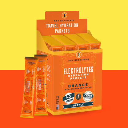 Orange packet of Key Nutrients Electrolyte Recovery Plus Powder, sugar-free electrolyte supplement, 40-pack.