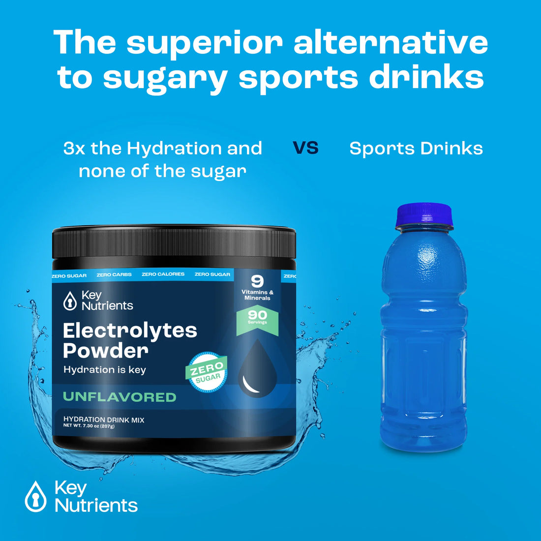 Key Nutrients Electrolyte Recovery Plus Powder in Lemonade flavor, sugar-free electrolyte powder for hydration, 90 servings.