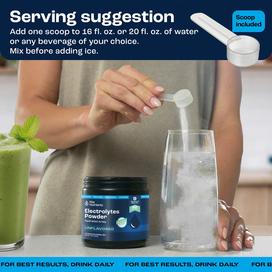 Key Nutrients Electrolyte Recovery Plus Powder in Lemonade flavor, sugar-free electrolyte powder for rehydration and recovery.