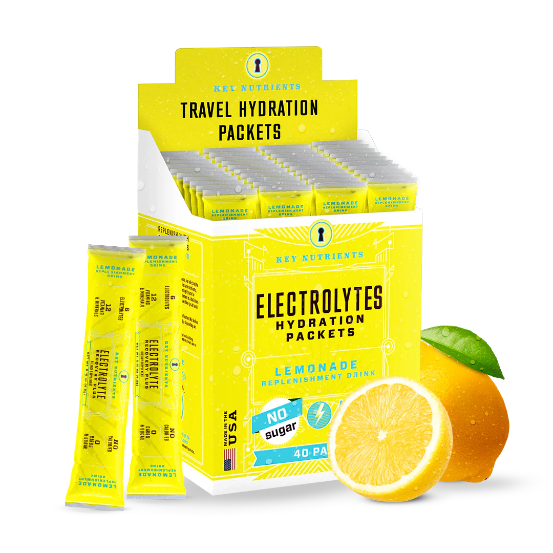 Key Nutrients electrolyte recovery plus powder in lemonade flavor, sugar-free electrolyte mix for hydration, 90 servings.