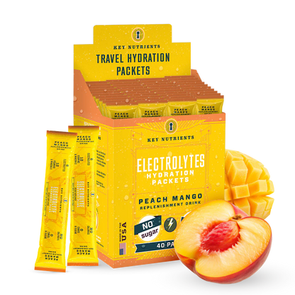 Key Nutrients Electrolyte Recovery Plus Powder in Peach Mango flavor, sugar-free electrolyte powder packet 40-pack.