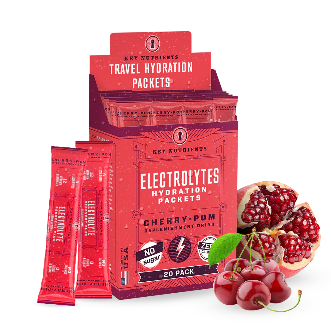Cherry and pomegranate flavored Key Nutrients Electrolyte Recovery Plus Powder in a 20-pack sugar-free packet.