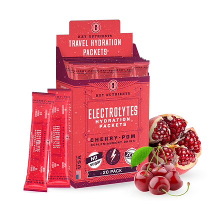 Cherry and pomegranate flavored Key Nutrients Electrolyte Recovery Plus Powder in a 20-pack sugar-free packet.