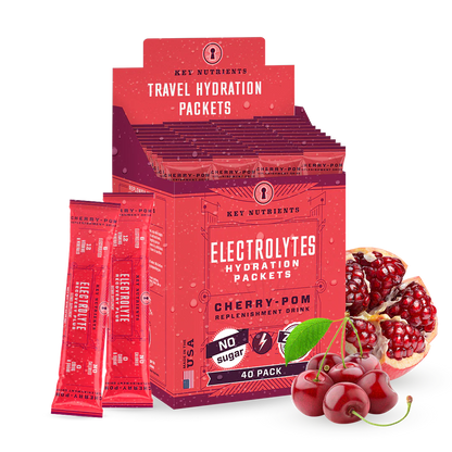 Cherry and pomegranate flavored electrolyte recovery powder by Key Nutrients in a 40-pack sugar-free packet.