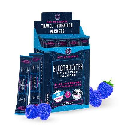 Blue raspberry electrolyte recovery powder by Key Nutrients, sugar-free electrolyte mix in a 20-pack.