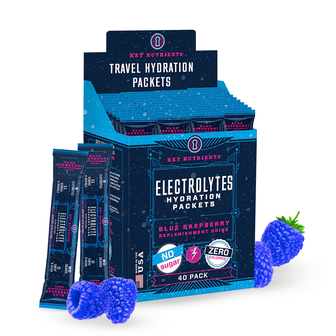 Key Nutrients Electrolyte Recovery Plus Powder in Lemonade flavor, sugar-free electrolyte powder for hydration, 90 servings.