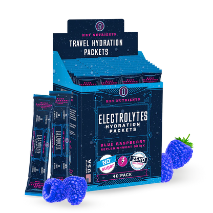 Blue raspberry electrolyte recovery powder by Key Nutrients, sugar-free electrolyte supplement in a 40-pack.