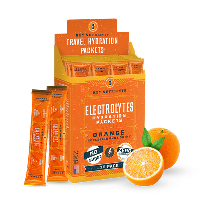 Orange packet of Key Nutrients Electrolyte Recovery Plus Powder, sugar-free electrolyte supplement in a 20-pack.