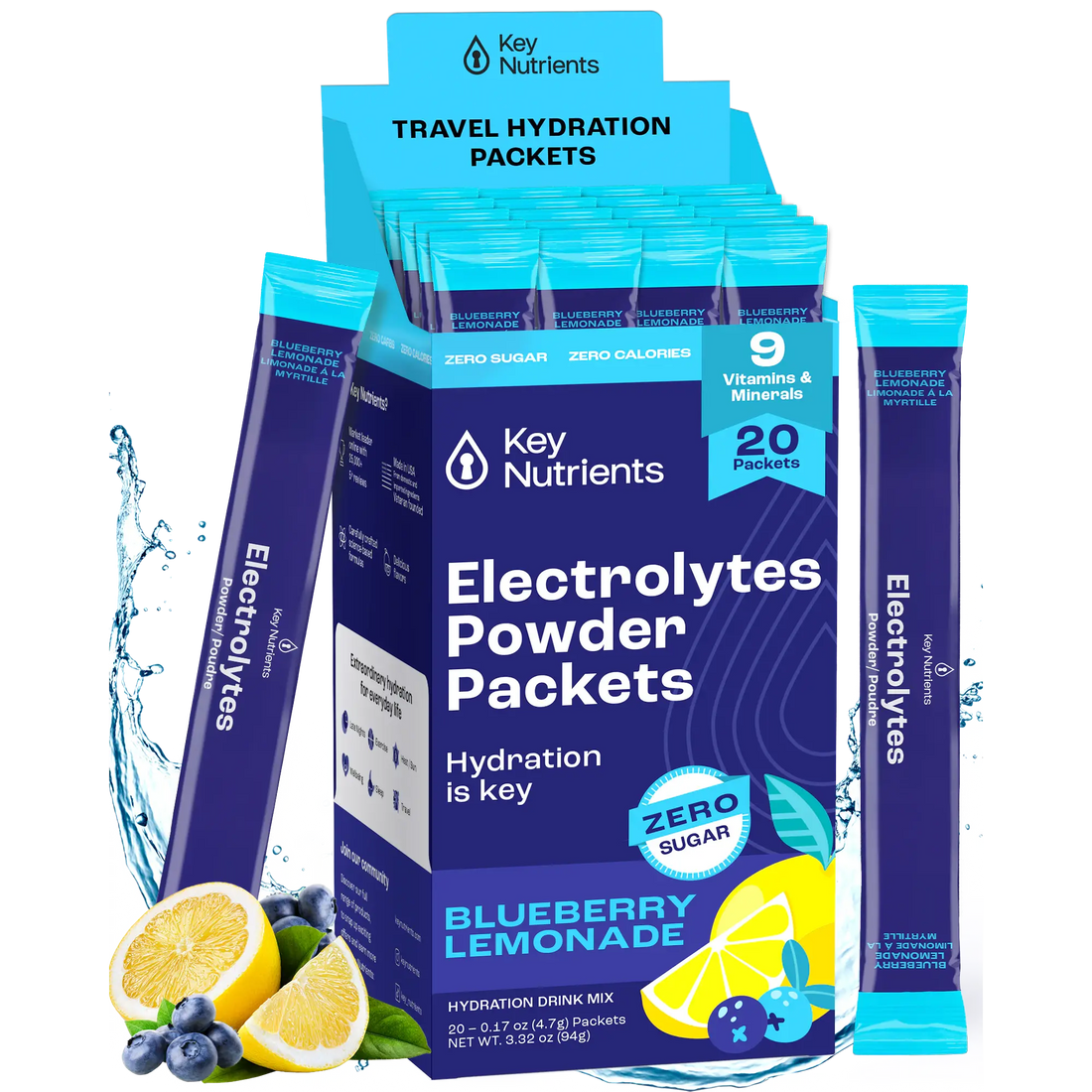 Key Nutrients Electrolyte Recovery Plus Powder in Lemonade flavor, sugar-free electrolyte powder for hydration, 90 servings.