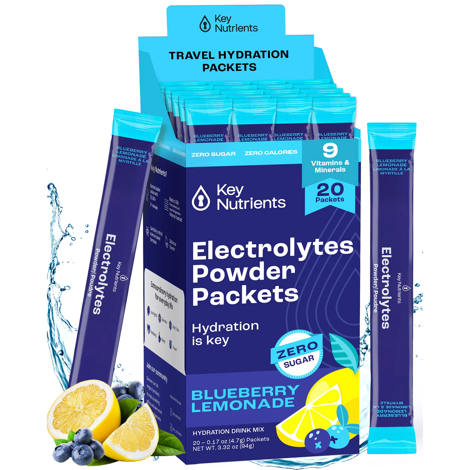 Blueberry lemonade electrolyte recovery powder by Key Nutrients, sugar-free electrolyte supplement in a 20-serving packet.