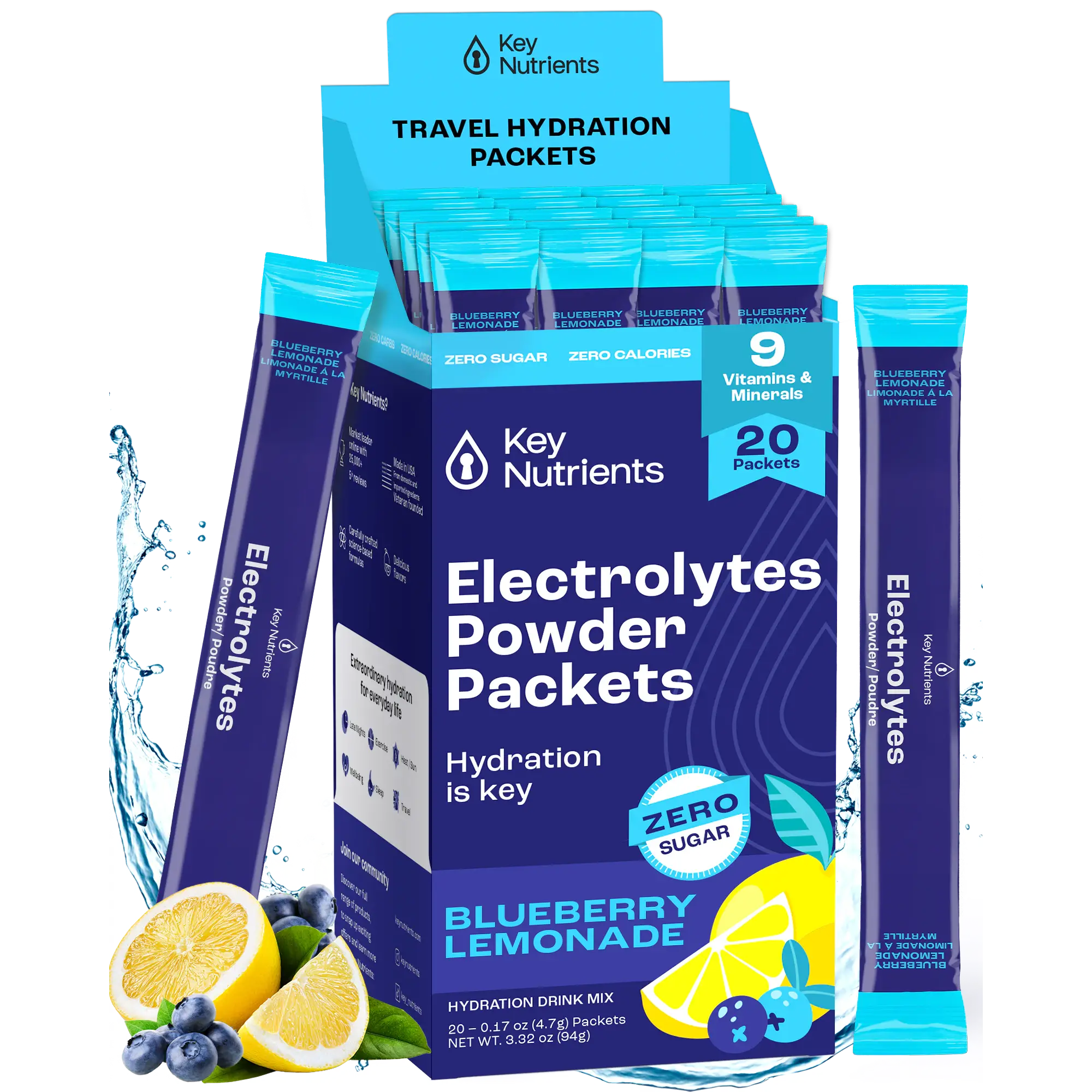 Blueberry lemonade electrolyte recovery powder by Key Nutrients, sugar-free electrolyte supplement in a 20-serving packet.