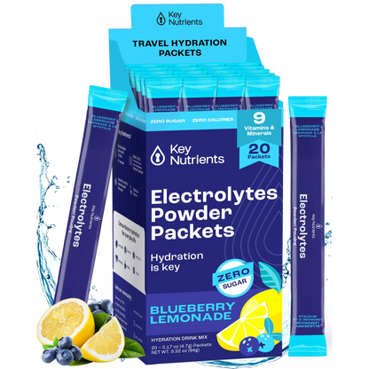 Blueberry lemonade electrolyte recovery powder by Key Nutrients, sugar-free electrolyte supplement in a 20-serving packet.