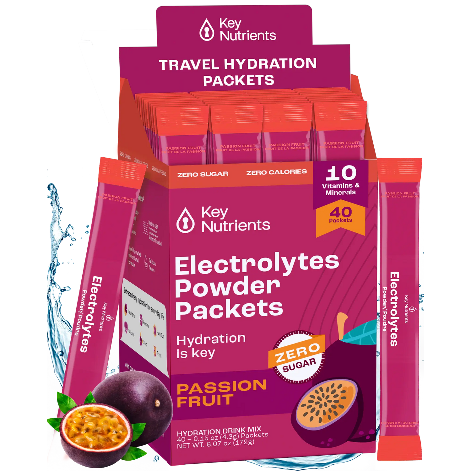 Passion fruit flavored Key Nutrients Electrolyte Recovery Plus Powder in a 40-serving container, sugar-free electrolyte supplement.