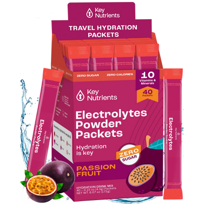 Passion fruit flavored Key Nutrients Electrolyte Recovery Plus Powder in a 40-serving container, sugar-free electrolyte supplement.