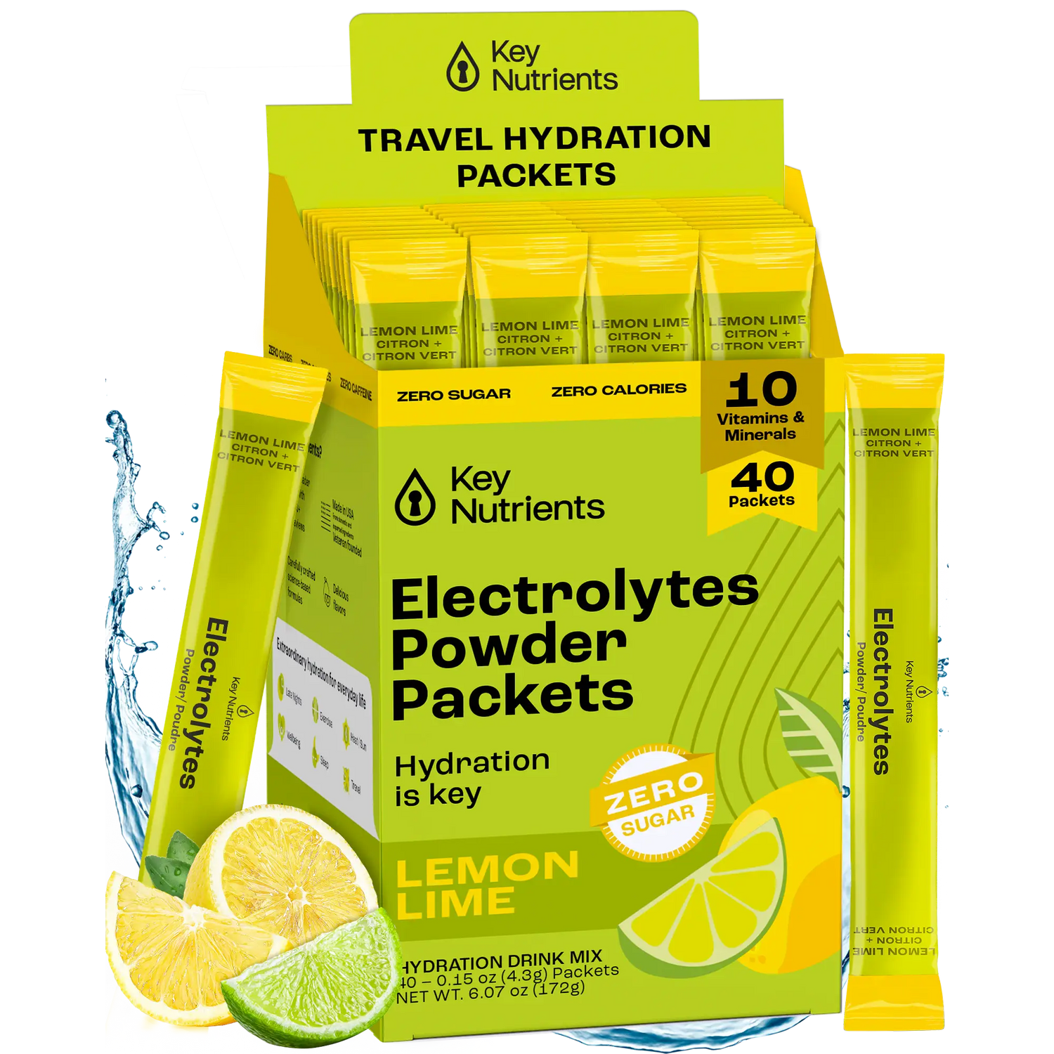 Lemon-lime flavored Key Nutrients Electrolyte Recovery Plus Powder in a 40-pack, sugar-free electrolyte supplement for hydration.