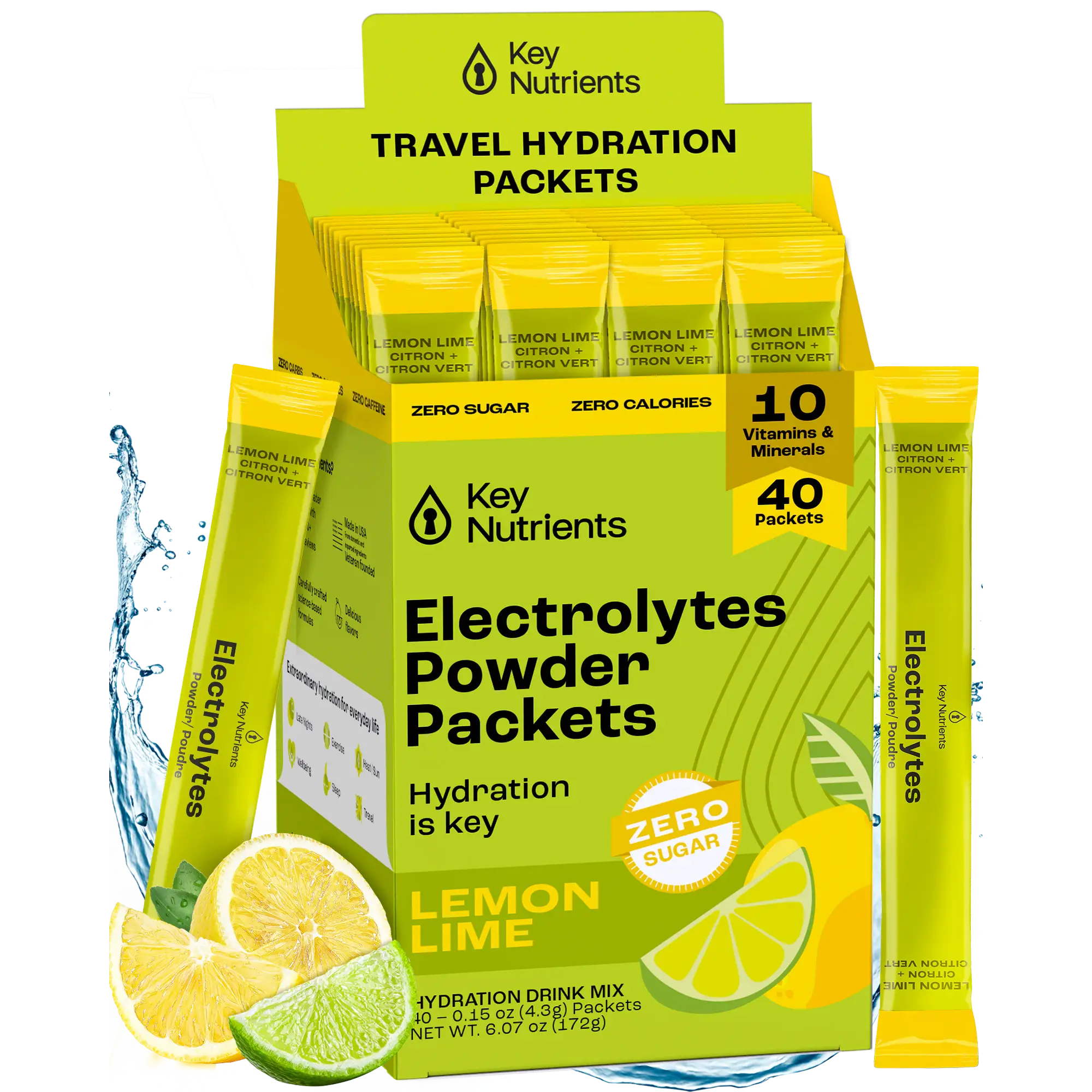 Lemon-lime flavored Key Nutrients Electrolyte Recovery Plus Powder in a 40-pack, sugar-free electrolyte supplement for hydration.