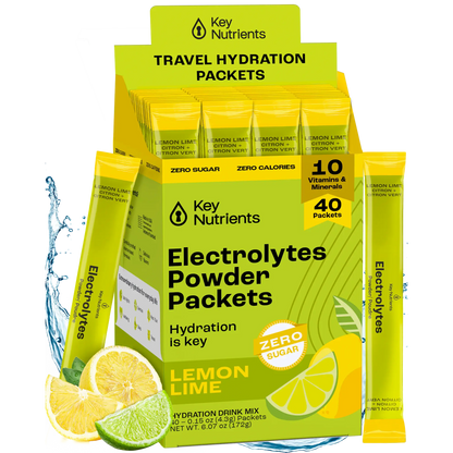 Lemon-lime flavored Key Nutrients Electrolyte Recovery Plus Powder in a 40-pack, sugar-free electrolyte supplement for hydration.