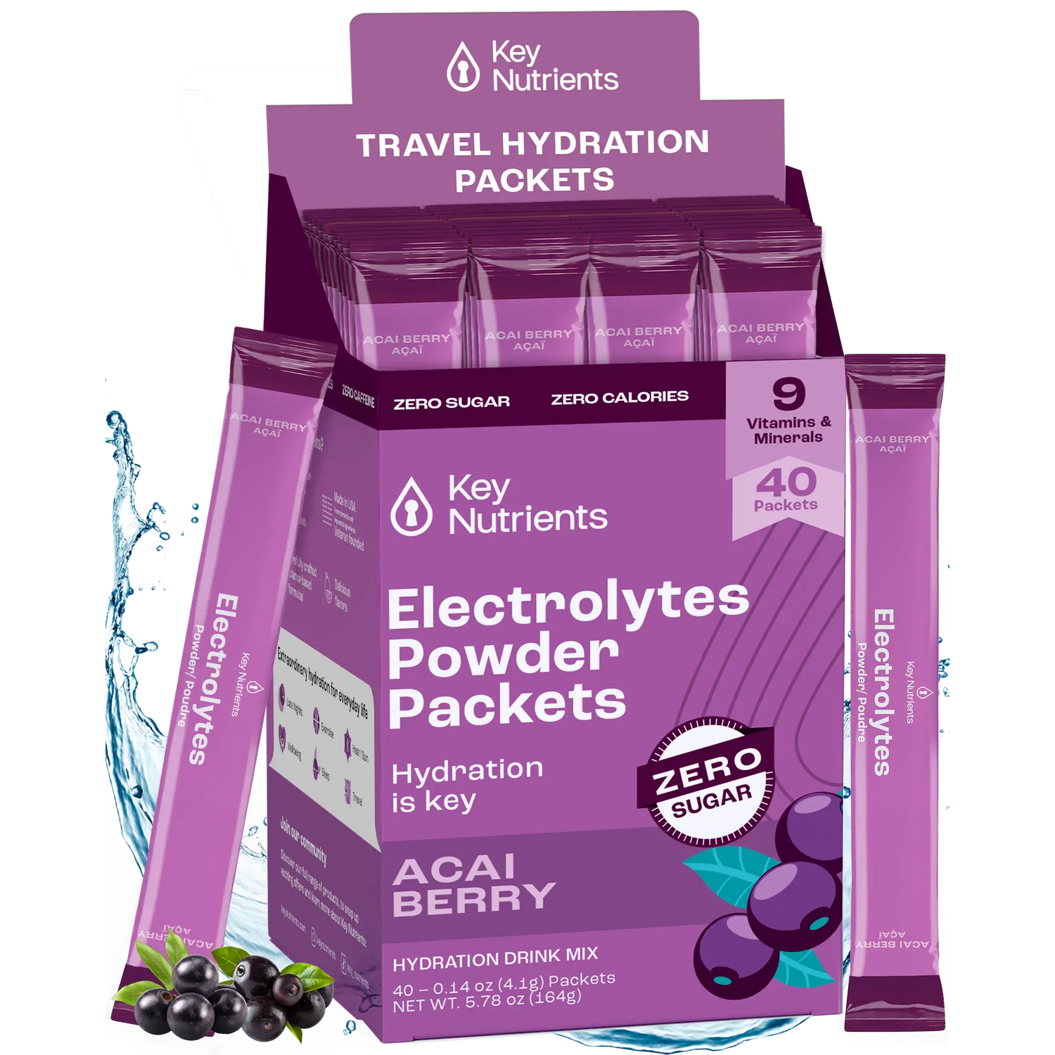 Key Nutrients Electrolyte Recovery Plus Powder in Acai Berry flavor, sugar-free electrolyte powder with vibrant acai berry imagery.