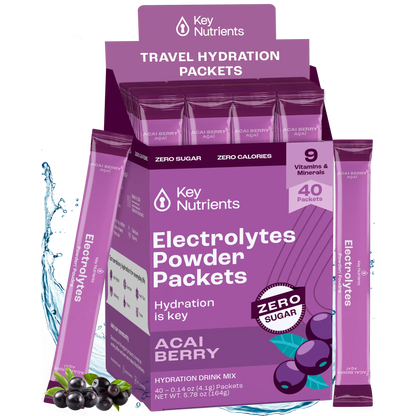 Key Nutrients Electrolyte Recovery Plus Powder in Acai Berry flavor, sugar-free electrolyte powder with vibrant acai berry imagery.