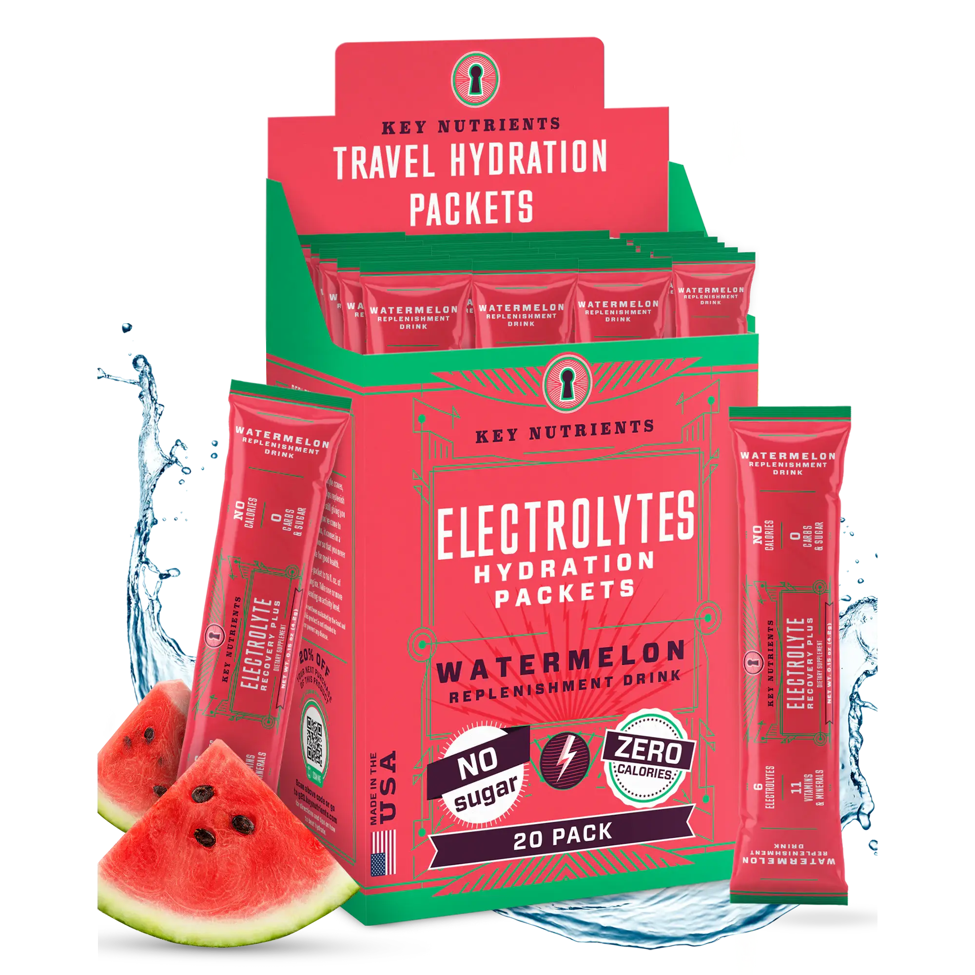 Watermelon flavor Key Nutrients Electrolyte Recovery Plus Powder in a 20s packet, sugar-free electrolyte supplement for hydration.