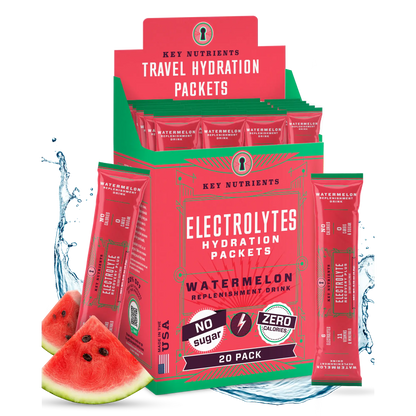Watermelon flavor Key Nutrients Electrolyte Recovery Plus Powder in a 20s packet, sugar-free electrolyte supplement for hydration.