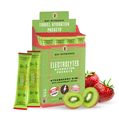 Strawberry Kiwi flavored electrolyte recovery powder by Key Nutrients in a 20-pack packet, sugar-free sports hydration supplement.