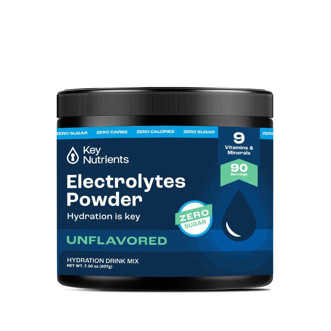 Key Nutrients Electrolyte Recovery Plus Powder in Lemonade flavor, sugar-free electrolyte powder for hydration, 90 servings.