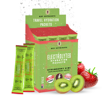 Strawberry kiwi flavored electrolyte recovery powder by Key Nutrients in a 40-pack, sugar-free supplement for hydration.
