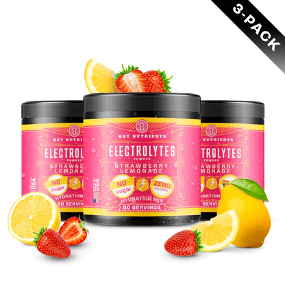 Key Nutrients Electrolyte Recovery Plus Powder in Strawberry Lemonade flavor, sugar-free electrolyte supplement in a 3-pack.