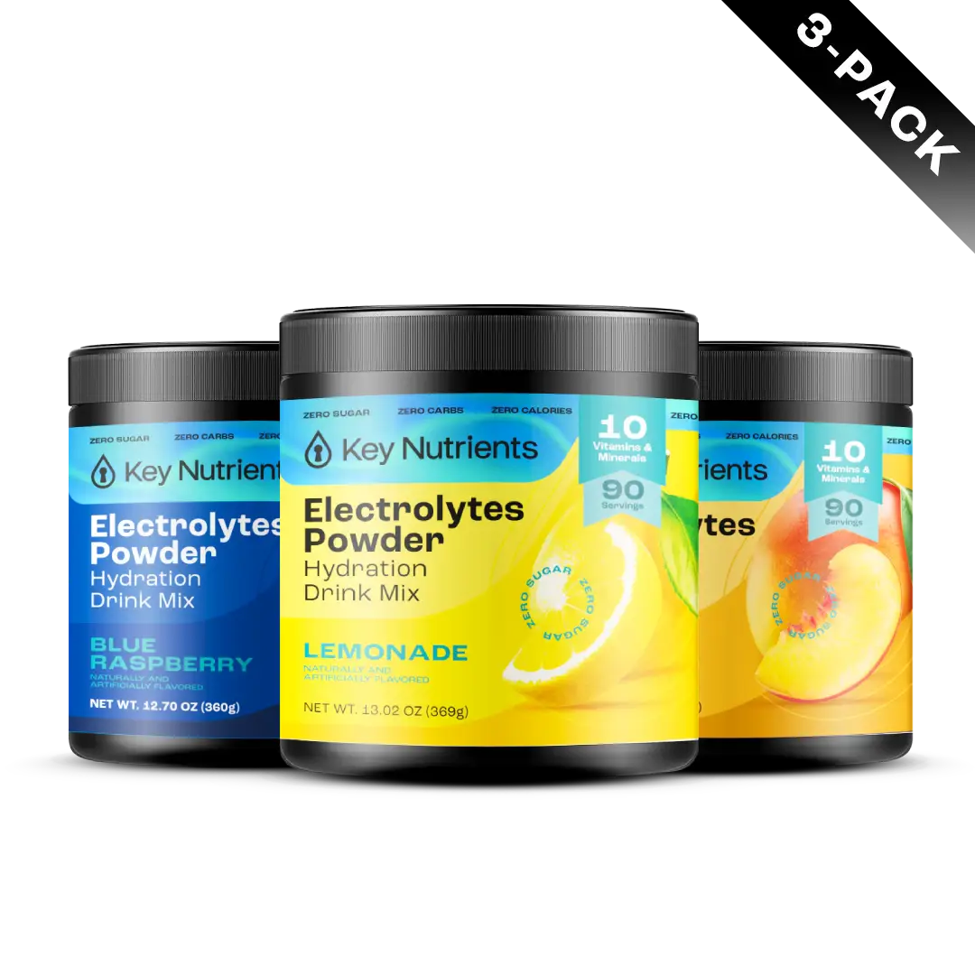 Key Nutrients Electrolyte Recovery Plus Powder in Lemonade flavor, sugar-free electrolyte powder for hydration, 90 servings.
