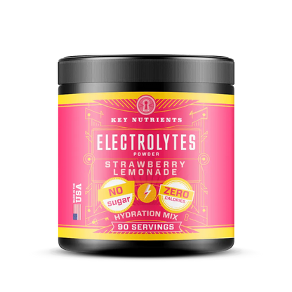 Key Nutrients electrolyte recovery powder in strawberry lemonade flavor, sugar-free electrolyte mix for rehydration and replenishment.