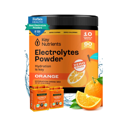 Orange Key Nutrients Electrolyte Recovery Plus Powder, sugar-free electrolyte supplement with vibrant orange flavor.