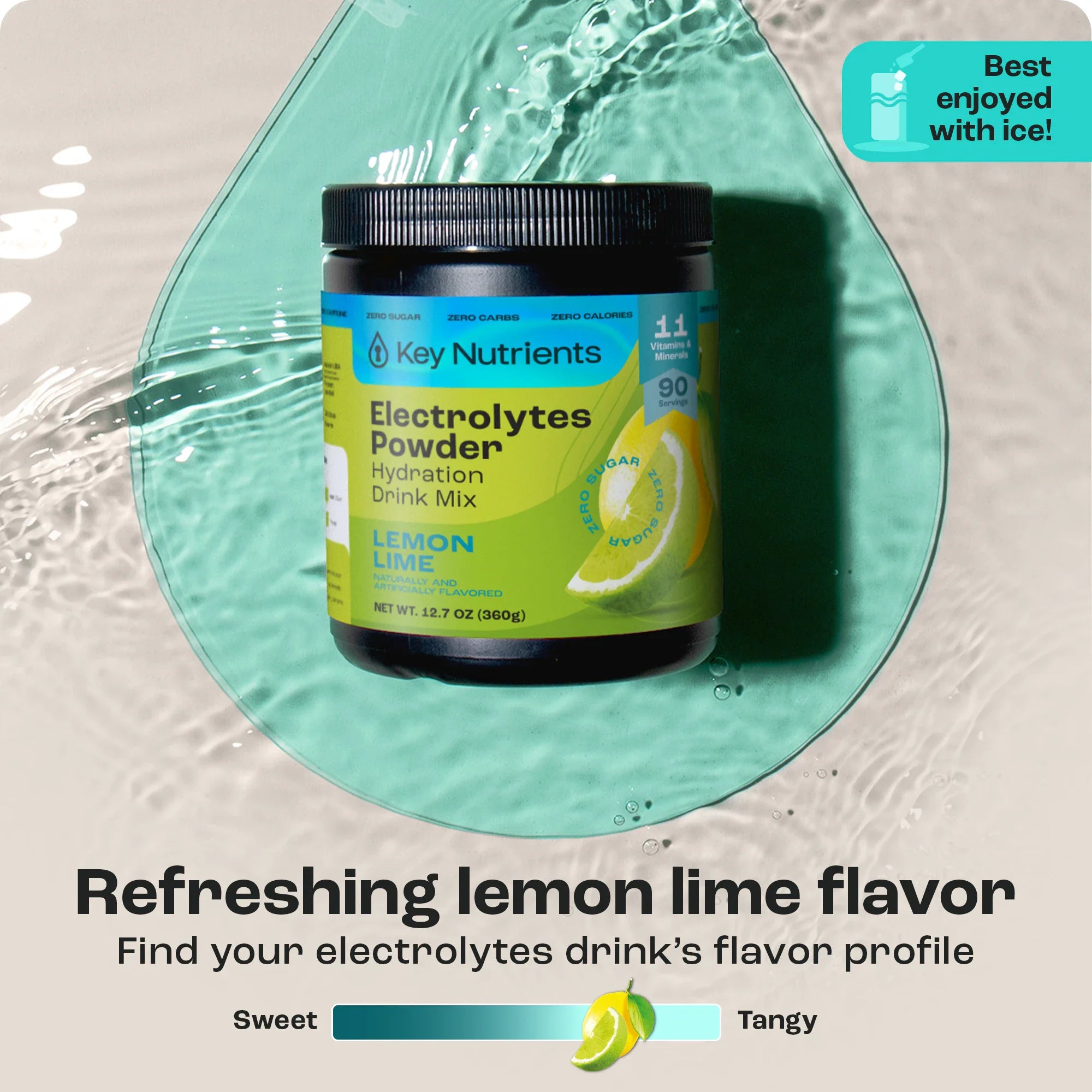 Key Nutrients Electrolyte Recovery Plus Powder, sugar-free electrolyte supplement in a resealable container with scoop and packaging.