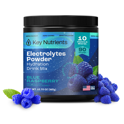 Blue raspberry flavored Key Nutrients Electrolyte Recovery Plus Powder in a sugar-free electrolyte supplement.