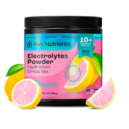 Pink lemonade flavored Key Nutrients Electrolyte Recovery Plus Powder in a clear container, showcasing the sugar-free electrolyte mix.