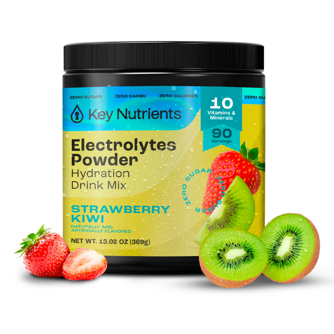 Key Nutrients electrolyte recovery plus powder in lemonade flavor, sugar-free electrolyte supplement for rehydration and replenishment.