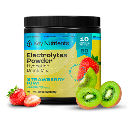 Strawberry kiwi flavored Key Nutrients Electrolyte Recovery Plus Powder in a scoop, sugar-free electrolyte supplement for hydration.