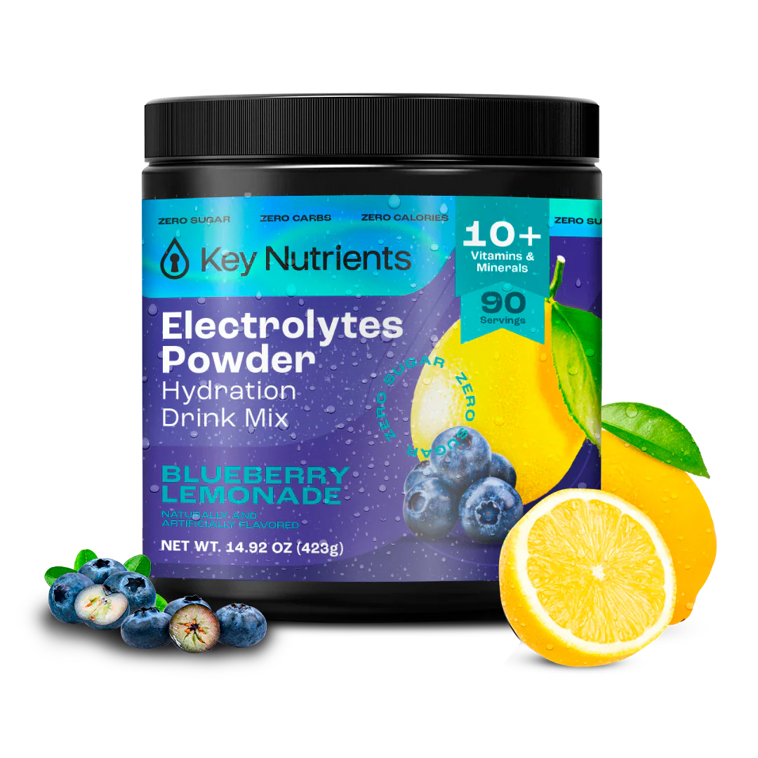 Key Nutrients Electrolyte Recovery Plus Powder in Lemonade flavor, sugar-free electrolyte powder for hydration, 90 servings.