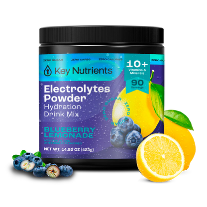 Blueberry Lemonade flavor Key Nutrients Electrolyte Recovery Plus Powder in a blue packet, sugar-free electrolyte supplement for hydration.