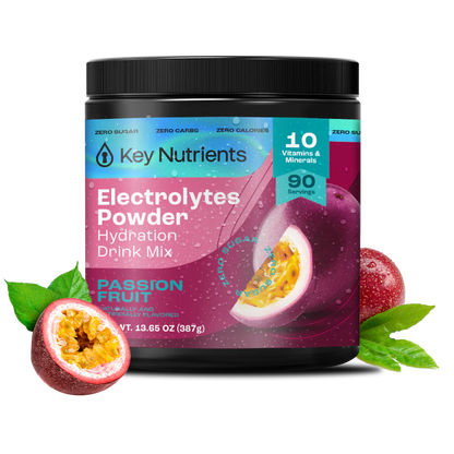 Passion fruit flavored Key Nutrients Electrolyte Recovery Plus Powder in a 90s packet, sugar-free electrolyte supplement for hydration.