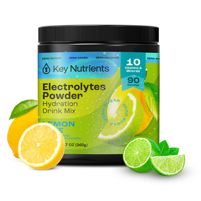 Lemon lime electrolyte recovery powder by Key Nutrients, sugar-free electrolyte supplement in a vibrant package.