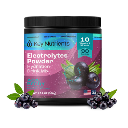 Key Nutrients Electrolyte Recovery Plus Powder in Acai Berry flavor, sugar-free electrolyte mix in a resealable pouch.