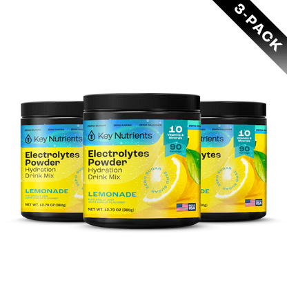 Key Nutrients Electrolyte Recovery Plus Powder in lemonade flavor, sugar-free electrolyte powder packets on a white background.