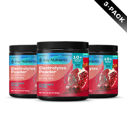 Cherry Pom flavored Key Nutrients Electrolyte Recovery Plus Powder in a 3-pack, sugar-free electrolyte supplement for hydration.