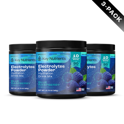 Blue raspberry flavored Key Nutrients Electrolyte Recovery Plus Powder in a 3-pack, sugar-free electrolyte supplement for hydration.
